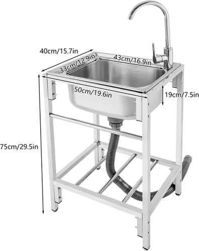 Miniatura 3 de Fregadero utilitario independiente de cocina de un solo tazón con grifo, fregadero de acero inoxidable con moldeado integrado para lavadero, baño