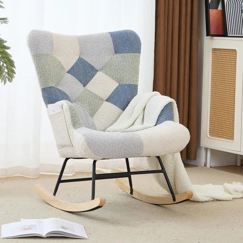Miniatura 10 de Silla mecedora tapizada estilo oso de peluche para cuarto de bebé, con respaldo alto, silla lateral cómoda para sala de estar, dormitorio, oficinas