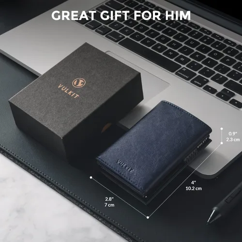Miniatura 7 de VULKIT Cartera con tarjetero para hombre, con cierre magnético, bloqueo RFID, billetera de cuero triple, marino, Moderno