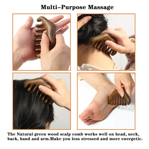 Miniatura 5 de Peine de dientes anchos de madera - Masajeador natural del cuero cabelludo para el cabello y la relajación meridiana. Marrón