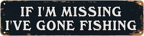 Cartel divertido de pesca con texto en inglés «I I'm Missing I've Gone Fish», decoración de pared de lata de metal vintage para el hogar, regalos de
