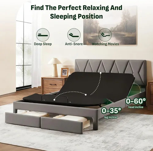 Miniatura 3 de Estructura de cama Queen todo en uno ajustable de Softa con cabecera tapizada y 2 cajones de almacenamiento, cama eléctrica con control remoto