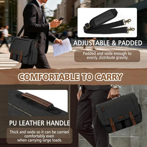 Miniatura 5 de RAINSMORE Bolsa tipo mensajero para hombre de 15.6 a 17.3 pulgadas, resistente al agua, de lona, maletín para computadora, para trabajo, universidad