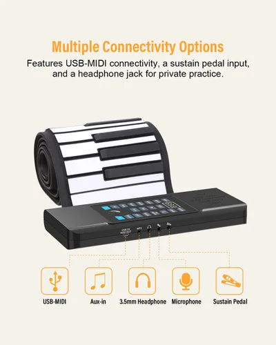 Miniatura 4 de KONIX Piano enrollable de 88 teclas, teclado portátil recargable mejorado, 128 ritmos, 128 tonos, teclado desplegable con pantalla LED, función