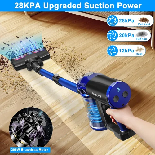 Miniatura 2 de iwoly Aspiradora inalámbrica con succión potente de 28 KPa, motor sin escobillas, filtro HEPA, 3 modos, batería desmontable, aspiradora de 2 en 1