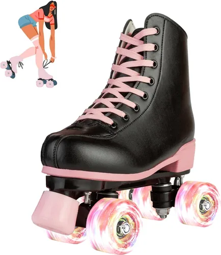 Jessie Patines de ruedas para niñas y mujeres, patines de piel sintética Flash para niños, patines clásicos ajustables de cuatro ruedas para