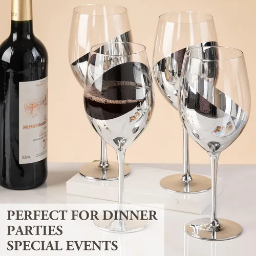 Miniatura 3 de MyGift Juego de 4 copas de vino modernas de tallo largo plateado para vino blanco o tinto con elegante diseño en ángulo plata (juego de 4)
