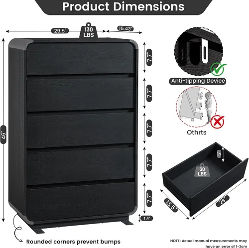Miniatura 2 de Standifurno Cómoda de 29.5'' de Ancho para Clóset, Cajones Negros con Diseño Curvo, Cajonera con 5 Cajones, Cajón Vertical con Amplio