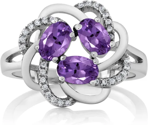 Miniatura 92 de Gem Stone King Flower Blossom Gemstone Birthstone Ring in 925 Sterling Silver 3-Stone Oval 6X4MM with Sparkling Accents Wedding Anniversary