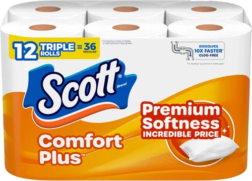 Scott ComfortPlus - Papel higiénico, 12 rollos triples, 231 hojas por rollo, seguro para séptico, papel higiénico de 1 capa