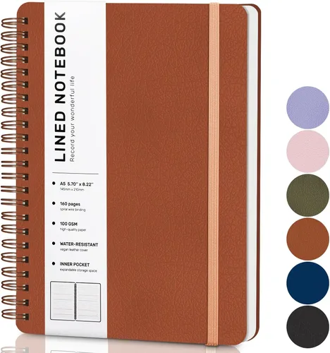 Miniatura 13 de Cuaderno de diario con líneas en espiral, cuaderno A5 de cuero de tapa dura para el trabajo, 5.7''×8.2'', papel grueso de 100GSM encuadernado