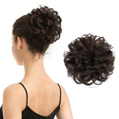 Barsdar - Moño de cabello 100 % humano, Moño desordenado, Extensiones de cola de caballo, Moño de cabello rizado, Pieza de cabello para Marrón oscuro