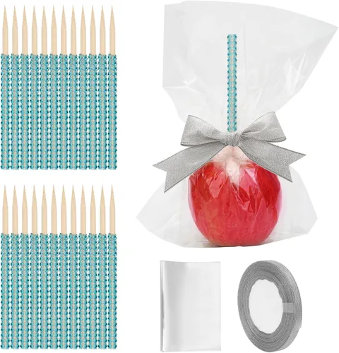 Miniatura 12 de Kit de 24 palos para manzanas de caramelo, 24 palos brillantes para manzanas con pedrería de rinestone de madera con 24 bolsas/ 25 yardas de cinta