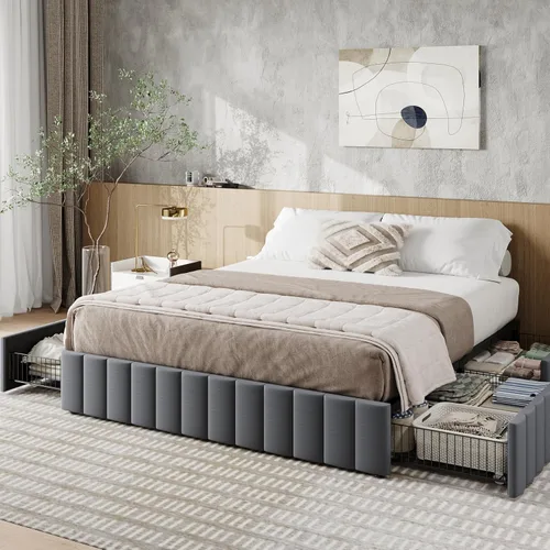 Miniatura 12 de Allewie Base de cama de plataforma de tamaño completo con 4 cajones de almacenamiento grandes, base de cama tapizada con canales verticales