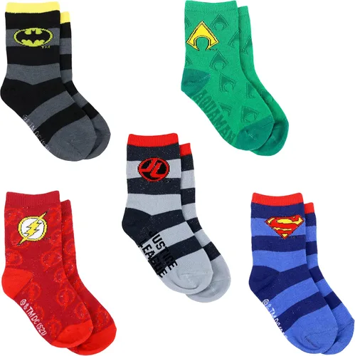 DC Comics Paquete de 5 calcetines de la Liga de la Justicia para niños, Batman, Superman, Flash, personajes de superhéroes Aquaman