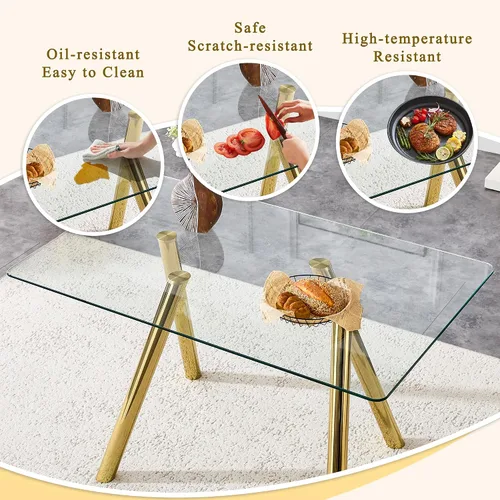 Miniatura 4 de Mesa de comedor de cristal de 51 pulgadas, mesa de comedor para 4-6, mesa de cocina dorada con patas de metal superior de vidrio templado