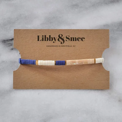 Miniatura 2 de Navy Blue and Beige Nautical 7 inch Tile Beaded Stretch Bracelet with Cream and Gold Tila Beads