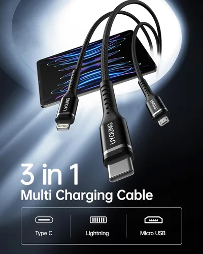 Miniatura 2 de Cable de carga múltiple corto de 1 pie, paquete de 2 cables de carga 3 en 1, cables universales trenzados para teléfono con conectores