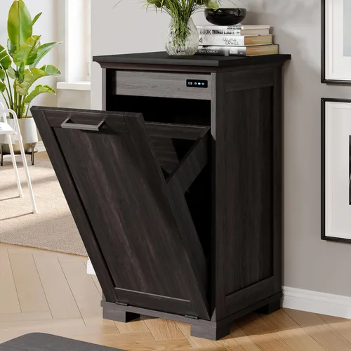 Miniatura 11 de UpWiew Armario de basura abatible con instalación rápida y función desodorizante, armario de basura de madera para comedor y cocina, color negro