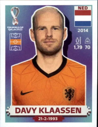2022 Panini World Cup Soccer Sticker #NED13 Davy Klaassen Netherlands Group A Official Qatar WC Album Sticker in Raw (NM or Better) - Measuring 2