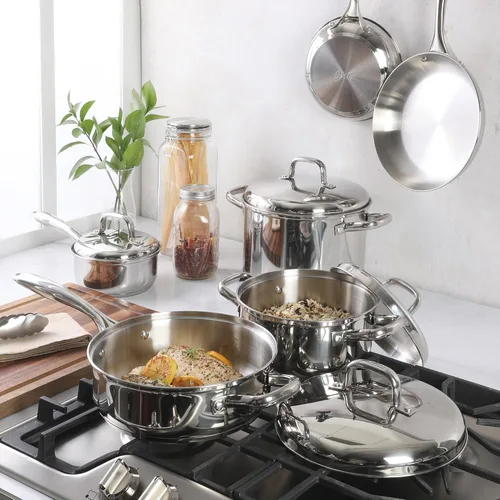 Miniatura 7 de Oster Platinum Sedwick - Juego de ollas y sartenes apilables de acero inoxidable con tapas de acero inoxidable abovedadas con base encapsulada
