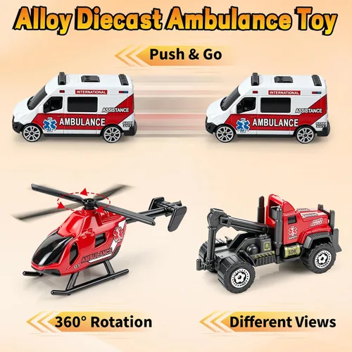 Miniatura 3 de Juego de 6 vehículos de rescate de emergencia fundidos a presión en miniatura, juguetes de ambulancia, helicópteros para niños pequeños de 1, 2