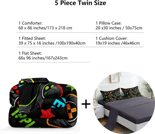 Miniatura 5 de ROWADALO Juego de Ropa de Cama Gaming de 5 Piezas para Niños Gamer Juego de Edredón Tamaño Twin, Edredón de Control de Juego para Niños Kids 5
