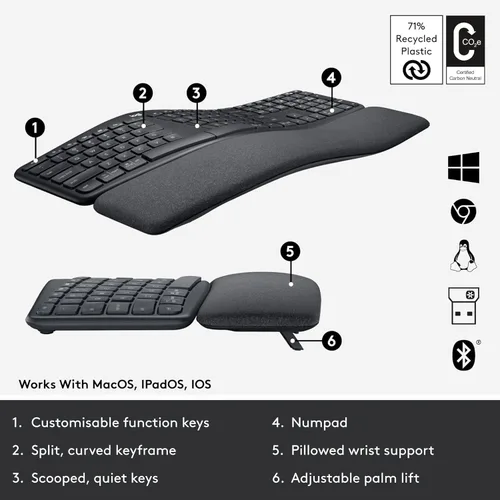 Miniatura 6 de Logitech Ergo K860 - Teclado ergonómico inalámbrico con reposamuñecas, diseño de teclado dividido para Windows/Mac, Bluetooth o conectividad USB