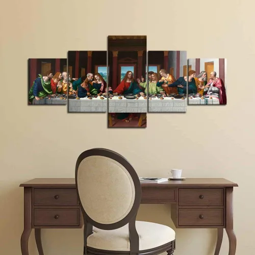 Miniatura 3 de The Last Supper - Pintura sobre lienzo para pared de sala de estar, 5 piezas, arte de pared de la última cena, retro, vintage, de madera, moderno