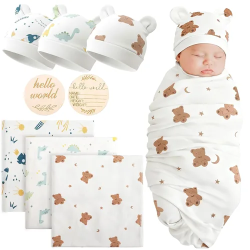 Miniatura 23 de DRESHOW BQUBO - Conjunto de gorro de algodón para bebé, manta para recién nacido, con orejas de oso, tarjeta de anuncio de nacimiento de madera