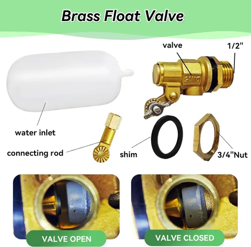 Miniatura 5 de Válvula de flotador de 1/2 pulgada, 2 válvulas de flotador de latón con brazo ajustable, tanque de agua, interruptor de válvula de flotador