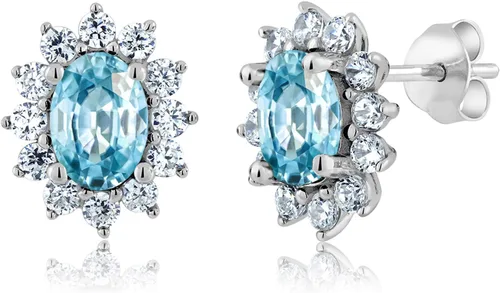 Miniatura 84 de Gem Stone King Aretes ovalados de plata de ley 925 de 0.276 x 0.197 in con piedra natal de la princesa Diana, estilo halo real para mujeres
