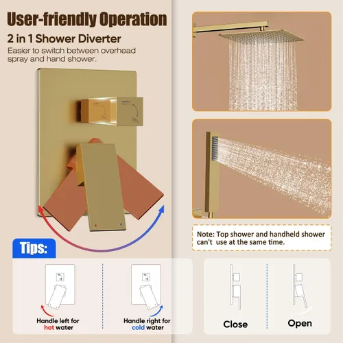 Miniatura 6 de Gabrylly Sistema de ducha dorado, cabezal de ducha de lluvia de acero inoxidable de 10 pulgadas de alta presión con combo de rociador de mano, juego