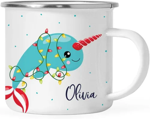Miniatura 10 de Andaz Press Taza de café de acero inoxidable con nombre personalizado de 11 onzas para niños, diseño de sirena festiva, 1 paquete, taza de Navidad