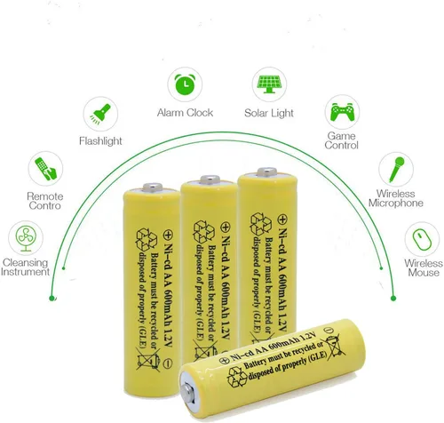 Miniatura 5 de AA - Batería recargable NICD de 600 mAh 1.2 V para luces solares al aire libre, luces de jardín, controles remotos, ratones amarillos (12 piezas)