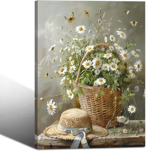 HYFBH Lienzo decorativo de margaritas y mariposas para pared, diseño rústico de granja y bodegón, cesta de flores silvestres vintage, sombrero de