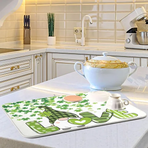 Miniatura 6 de Tapete de secado de platos de gnomos del día de San Patricio para encimera de cocina, tréboles, tapete de secado de microfibra, absorbente