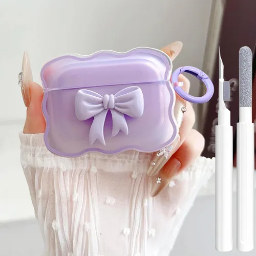 Miniatura 16 de Bonita funda transparente para AirPods Pro 2/1 Gen, diseño de lazo 3D femenino, funda protectora y a prueba de golpes de TPU suave Kawaii para Apple