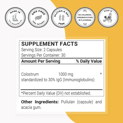 Miniatura 4 de Supersmart - Calostro 1000 mg - 30% IgG - Puede ayudar con la fatiga - Refuerzo del sistema inmunológico Sin OMG y sin gluten - 60 cápsulas DR