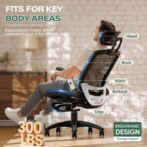 Miniatura 8 de GABRYLLY Silla de oficina ergonómica con reposapiés, silla de escritorio de espalda alta para el hogar - Reposacabezas 3D, brazos abatibles, Negro