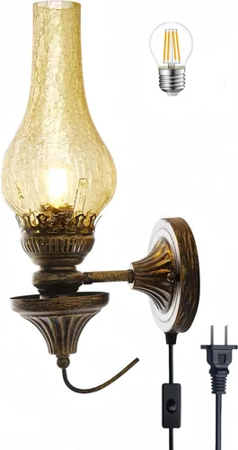 Miniatura 8 de Aplique de pared vintage, lámpara de pared rústica con acabado de bronce antiguo, lámpara de pantalla de vidrio industrial de granja para Ámbar