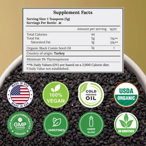 Miniatura 2 de Aceite de semilla negra orgánico prensado en frío sin refinar, botella de vidrio Aceite de semilla de comino negro orgánico certificado USDA