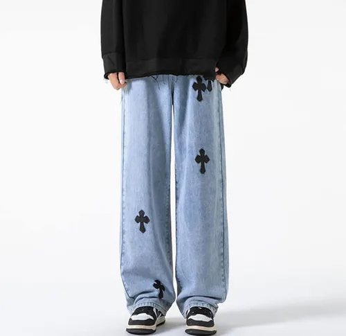 Miniatura 3 de Pantalones de mezclilla holgados para hombre, estilo hip-hop, cruzados, holgados, pierna ancha, rectos, ropa de calle