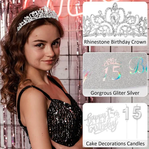 Miniatura 4 de Decoraciones de cumpleaños número 15 para niñas, incluyendo tiara de corona de diamantes de imitación, banda con purpurina, adorno para pastel