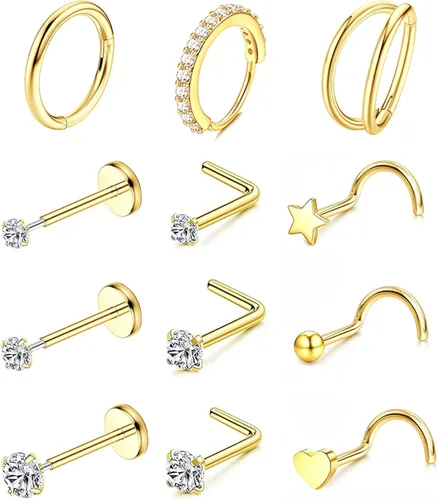 Miniatura 22 de Nose Rings Hoop and Nose Studs Sets for Women Men,Hypoallergenic 316L Surgical Stainless Steel Hinged Clicker Segment Nose Rings Hoop Helix