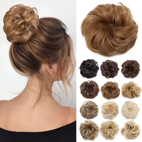 Miniatura 39 de Benehair Moño desordenado, pieza de pelo recogido para mujer, esponjoso, ondulado, moño con dona, moño sintético con banda elástica de goma