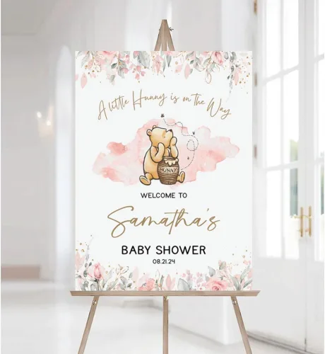 Miniatura 16 de Letrero de bienvenida personalizado de Pooh, cartel de bienvenida al baby shower, baby shower de oso Pooh, revelación de género, decoraciones