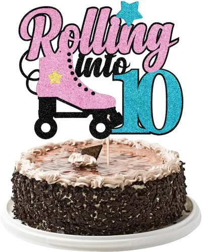 Decoración para tartas de 10 años con diseño de patín de 10 años, decoración de pastel de 10 años de edad, retro, para niñas, club, hip hop, fiesta,