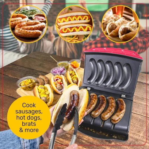 Miniatura 6 de Nostalgia Game Day Sausage and Brat Parrilla eléctrica para 5 salchichas con bandeja de goteo de aceite, asa de transporte y almacenamiento