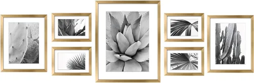 ArtbyHannah Paquete de 7 marcos de fotos dorados para galería de pared, impresiones artísticas botánicas decorativas para marcos de fotos, collages